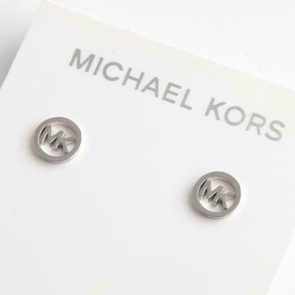 New Michael Kors Silver Logo Cut Off Stud Earrings - Picture 1 of 9